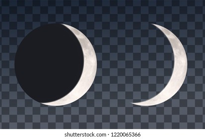 Vector realistic Moon waxing crescent phase on transparent backgraund with clipping mask