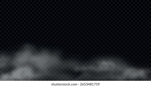 Nevoeiro matinal realista, fumaça flutuante, neblina no chão. Nuvens de vapor assustadoras e misteriosas, neblina de água isolada sobre fundo escuro