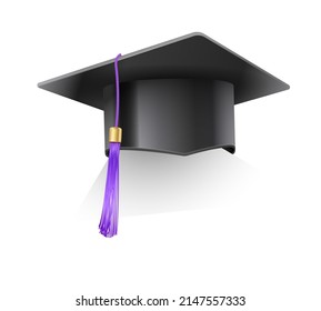 Vector realistic mortar hat. Law student graduation cap with purple tassel. Black hat at graduation at the university. Symbol of academic education, higher university bachelor headdress.