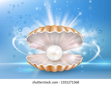Vector realistic mother-of-pearl seashell with shining pearl inside of it. Beautiful marine pearl shell box. Jewellery advertising poster, banner design template.