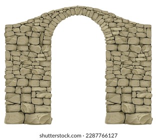 Vector realistic mountain stone arched vintage boulder bridge. Retaining wall or fence