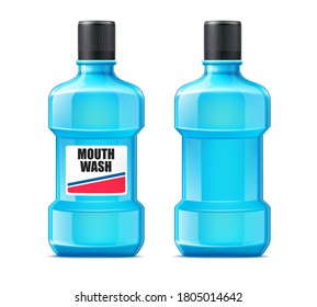 Vector Realistic Mouth Wash Liquid In Plastic Bottle Mockup. Oral Care. Teeth Cleaning Product. Mouth Freshener Blue Package.