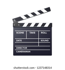 Vector realistic movie clapper slapstick with markup front view close up isolated on white background