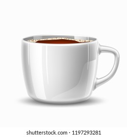 Vector realistic mug of hot drink coffee or tea with steam. Hot beverage, drink in white ceramic, porcelain cup, cozy morning object, business break, coffee shop advertising design