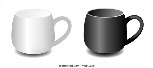 Vector realistic mugs. white and black cups isolated on white background. Vector template for Mock Up. 