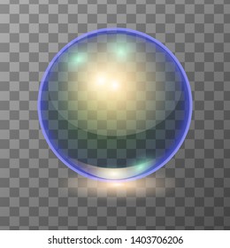 Vector realistic multicolor transparent glass ball, shine sphere or bubble on dark background. 3D illustration.