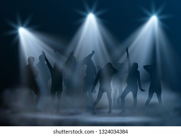 Vector realistic music club scene with spotlights, smoke and silhouettes of dancing young people