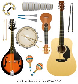 vector realistic music instruments on white background, acoustic guitar, realistic mandolin and ukulele- hawaiian guitar, drums , tambourine, sticks