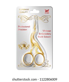 Vector realistic nail scissors in transparent packaging, professional equipment for manicure and pedicure isolated on background. Metal cutting tool with thin curved blades for needlework, embroidery