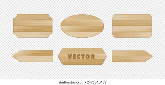 Vector realistic natural brown wooden plaque set. Wood texture rectangle, round, arrow signboard isolated on transparent. 3d empty aged wooden frame for game sign, timber banner, vintage message, menu