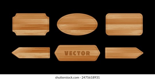 Vector realistic natural brown wooden plaque set. Wood texture rectangle, round, arrow signboard isolated on black background. 3d empty wooden frame for game sign, timber banner, vintage message, menu