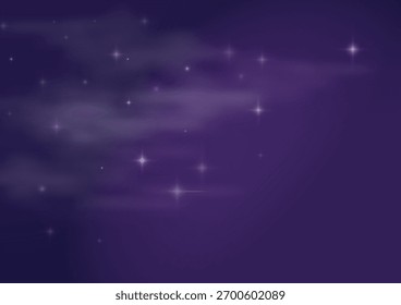 Vector realistic nature background of the sky with dark purple color and shining stars above the clouds. 