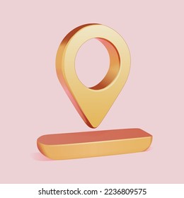 Vector realistic navigation pin golden 3d render in glossy modern style on pink background. 3d marker button, symbol of destination and position. Map pointer