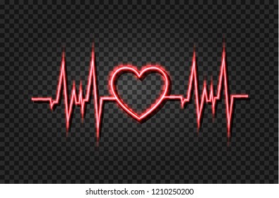 Vector Realistic Neon Heartbeat Illustration, Glowing Lines, Isolated on Dark Background.