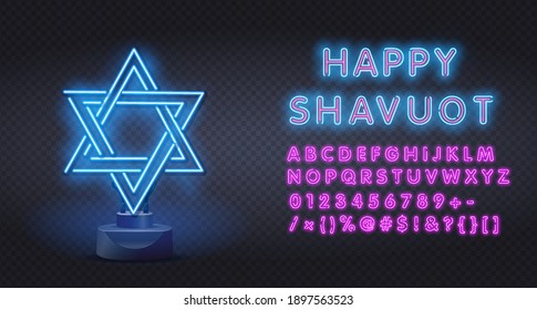 Vektor-realistisches Neonzeichen Magen David Six-spitzen Stern-Logo für Einladung auf dem Wandhintergrund. Logo für Shavuot jüdische Feiertage für Dekoration und Decken. Konzept von Happy Shavuot.