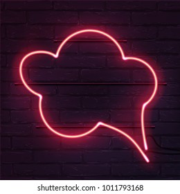 Vector realistic neon speech bubble on brick wall. Pink speech bubble neon sign.