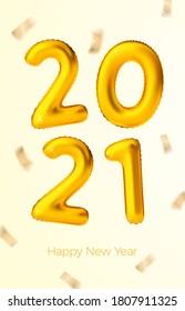 Vector realistic new year banner with golden ballons number 2021, floating in the air. With falling confetti and place for your text.