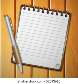 vector realistic notebook and background for text with pen on wooden background