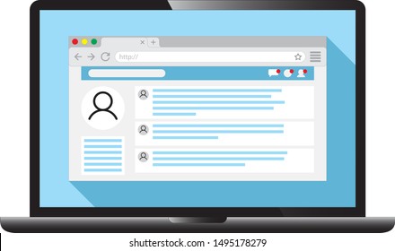 Vector realistic notebook. Internet browser window with an open social network web page on light blue background