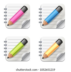 Vector Realistic Notepad Icon With Pencil. Icon set