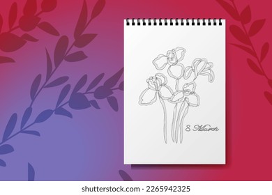 Vector. Realistic notepad with a metal spiral. Paper, a sketch of a bouquet of irises, shadows from the branches. Festive banner, web poster, flyer, stylish brochure, postcard, cover, branding.