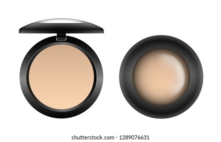 Vector realistic nude compact powder in a black container opened and closed isolated on white background
