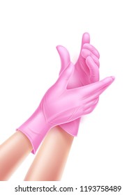 Vector realistic nurse, doctor hand wearing sterile pink latex gloves. Surgic gloves put on for surgery, operation, other medical treatments. Protective hygiene equipment, clinic poster advertising