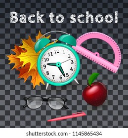 Vector realistic objects set alarm clock, looking glasses, ruler, pen, maple leaves and chalk letter back to school