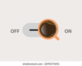 Vector Realistic Off, On Switch with black Coffee in White Ceramic, Porcelain Coffee Mug. Cappuccino, Latte. Concept Creative Banner with Coffee Cup. Design Template. Top View