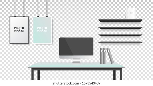 Vector realistic office creative space. Workspace mock up template. Modern business workplace front view isolated on transparent background. Part of interior with blank black computer display.