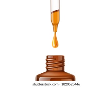 Vector realistic oil pipette with oil drop and brown blank bottle closeup. Cosmetic skin care, hair care essence, natural medicine product mockup. Organic eucalyptus essence product.