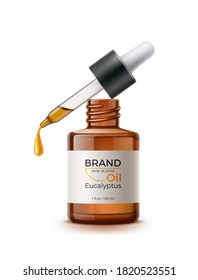 Vector realistic oil pipette with oil drop and brown blank bottle. Cosmetic skin care, hair care essence, natural medicine product mockup. Organic eucalyptus essence product with brand label template.