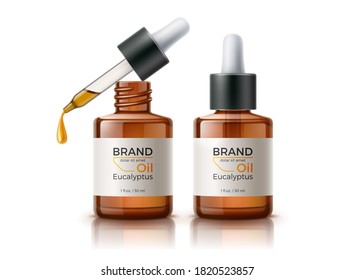 Vector realistic oil pipette with oil drop, brown blank bottle set. Cosmetic skin care, hair care essence, natural medicine product mockup. Organic eucalyptus essence product with brand label template