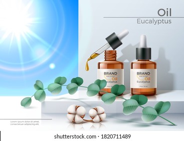 Vector realistic oil pipette with oil drop, brown blank bottle. Cosmetic skin care, hair care essence, natural medicine product ad mockup. Organic eucalyptus essence product with brand label template