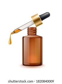 Vector realistic oil pipette with oil drop and brown blank bottle. Cosmetic skin care, hair care essence, natural medicine product mockup. Organic eucalyptus essence product with no brand