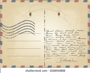 vector realistic old vintage card template with slanted lines on the edges of red and blue. fluttering tape. the post wave damping. the text is unreadable small handwriting
