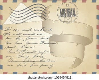 vector realistic old vintage card template with slanted lines on the edges of red and blue. waving spiral ribbon. hash triangular postage stamp. unreadable text with beautiful handwriting