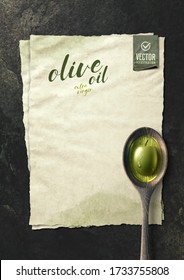 Vector realistic olive illustration, wooden spoon and oil on black stone background