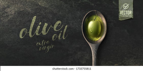 Vector realistic olive illustration, wooden spoon and oil on black stone background