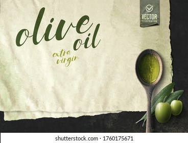 Vector realistic olive illustration, wooden spoon, paper and oil on black stone background