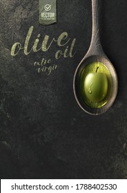 Vector realistic olive illustration, wooden spoon and oil on black stone background