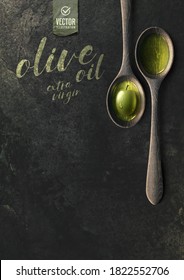 Vector realistic olive illustration, wooden spoon and oil on black stone background