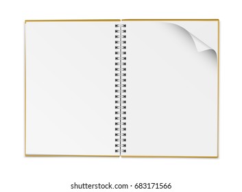 Vector realistic open blank notebook with curled corner isolated on white background
