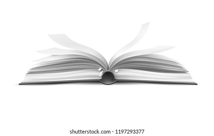 Vector realistic open book with fluttering in the wind pages lying at surface side view. Education, library and business textbook with hard cover, symbol of reading, science learning. Bookstore design