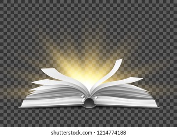Vector realistic open book with fluttering in the wind pages with glowing from inside. Education, library business textbook with hard cover symbol of reading, science learning transparent background