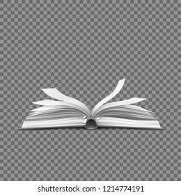 Vector realistic open book with fluttering in the wind pages lying at surface side view. Education, library business textbook with hard cover symbol of reading, science learning transparent background