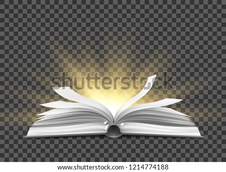 Vector realistic open book with fluttering in the wind pages with glowing from inside. Education, library business textbook with hard cover symbol of reading, science learning transparent background