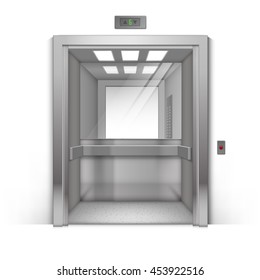 Vector Realistic Open Chrome Metal Office Building Elevator with Mirror Isolated on Background