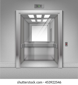 Vector Realistic Open Chrome Metal Office Building Elevator with Mirror Isolated on Background