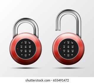 Vector realistic open & close padlock. Steel Mechanical Combination lock. Privacy illustration Enter the PIN code. Code combination open & close symbol